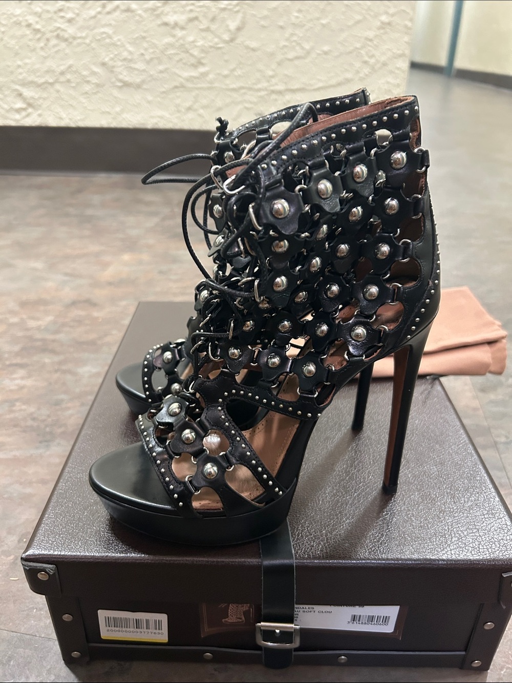 ALAiA Black Studded Lace-Up Cutout Stiletto Sandals SIZE 8 EXTREMELY RARE NEW